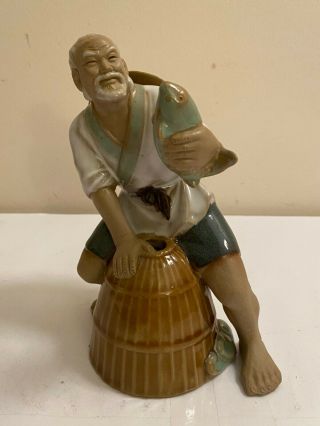 Vintage Chinese Mudman Mud Men Fisherman With Basket Fish Clay Figurine