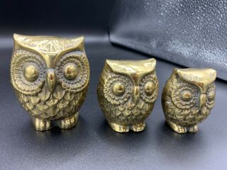 Set Of 3 Vintage Brass Owls Paper Weight/shelf Sitters By Brass Kingdom