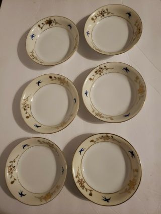 Vintage Hand Painted Nippon Berry Bowls Set Of 6 Blue Bird Gold Moriage