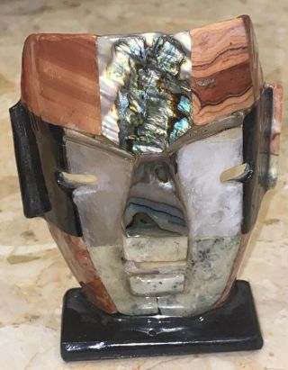Vintage Mini Mexican Aztec Mayan Stone Burial Mask Onyx Abalone Statue 3.  5x3”
