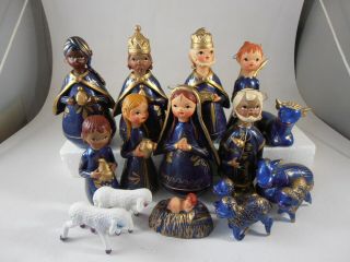 Mexican Folk Art Tonala Pottery Nativity Creche Blue 16 Pc Mexico Hand Crafted