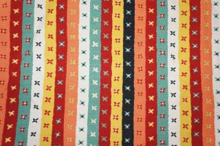 Vintage 50s cotton bark cloth stripe & cross print fabric length 71 