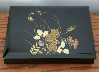 Vintage Japanese Black Lacquer Jewelry Trinket Box Mother Of Pearl Inlay