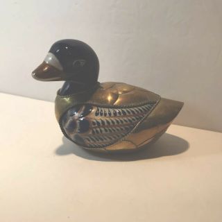 Vintage Brass Copper Ceramic Glazed Duck Figurine 5” Tonala Style Mexico
