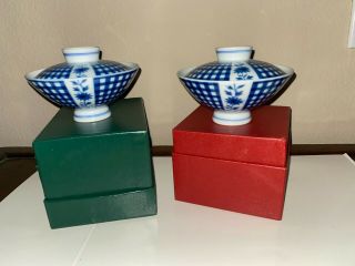Vintage Japanese Rice Bowls - Blue & White Porcelain With Lids - Set Of 2