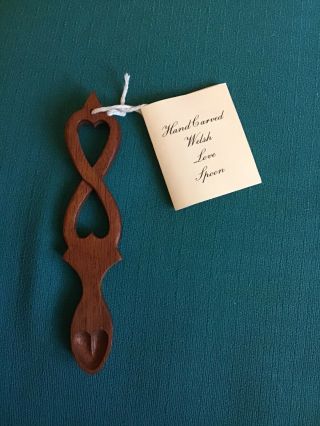 Vtg Elwyn Hughes 5.  5” Welsh Love Spoon Hand Carved Wood Intertwined Heart W/ Tag