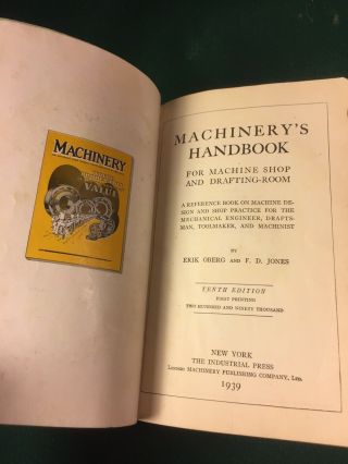 Vintage Machinery’s Handbook 10th Edition First Printing 1939 2