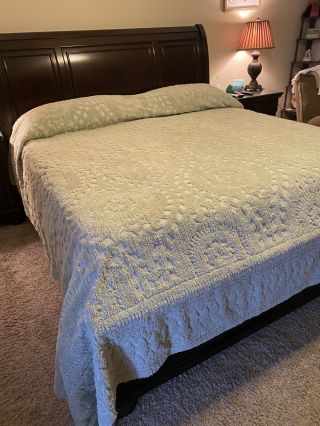 Vintage Light Green Chenille Bedspread All Cotton 111 X 123,  Light Green Or