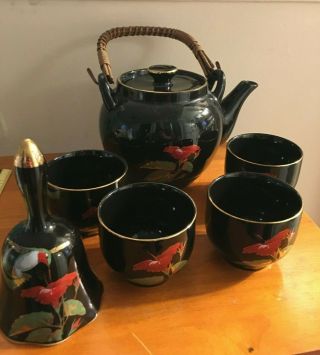 Otagiri Japanese Tea Set Teapot And 4 Teacups Bamboo Handle Bell Hummingbird