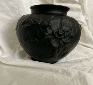 Vintage Art Deco Black Glass Vase Floral Poppys