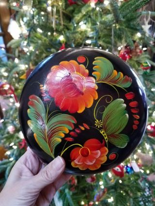 Vintage Russian Hand Painted Black Lacquer Round Trinket Box Ussr