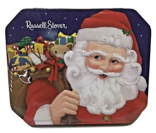 Russell Stover Santa Claus And Toys Embossed Empty Tin Hinged Christmas 2001