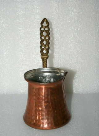 Turkish Coffee Pot Tin Lined Hammered Copper With Ornate Brass Handle Pour Spout