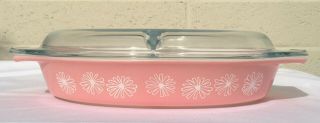 Vintage Pyrex Pink Daisy Oval Divided Casserole Serving Dish 1 - 1/2 Qt W/ Lid