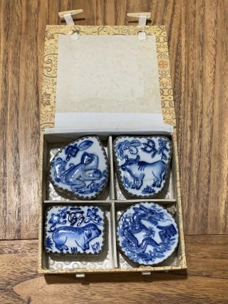 Set Of Vintage Chinese Zodiac Birth Sign Year Shard Boxes Monkey Ox Pig Dragon