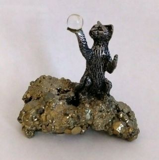 Pewter Cat Figure With Crystal Ball On Pyrite Fool 