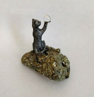 Pewter Cat Figure with Crystal Ball On Pyrite Fool ' s Gold Base 2