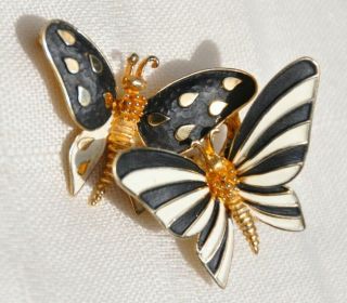 Vtg Boucher Double Butterfly Pin Brooch,  Black,  White,  Gold Tone,  9371p