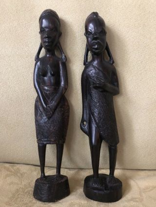 Vtg Pair Couple Hand Carved Wood African Art Bush Man And Woman Figurines