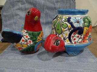 Talavera Mexican Folk Art Pottery Ceramic Turtle & Dove Bird Planter Pot Garden