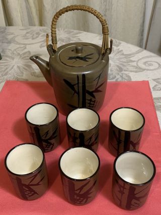 Vintage Omc Japan Tea Set Porcelain Teapot Rattan Handle Six Cups Marked