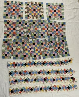 15 Estate Vtg Quilt Blocks Hand Pieced 1930’s Fabrics Double Irish Chain 13” Sq