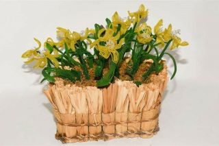 Vintage Beaded/ Beadwork Flowers In Basket Yellow Green