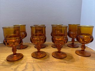 Vintage Indiana Glass Kings Crown Wine Goblets Amber Thumbprint 5.  75” Set Of 8