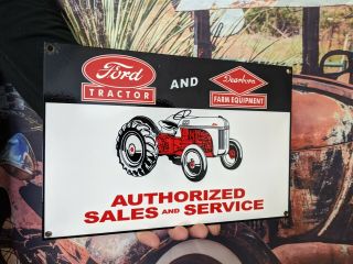Old Vintage Ford Tractor Farm Porcelain Enamel Dealership Heavy Metal Gas Sign