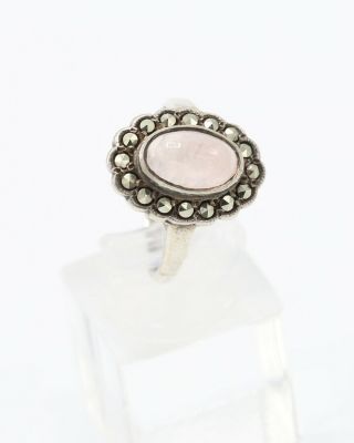 Vintage 1950s Pale Pinks Cats Eye And Marcasite Sterling Silver Ring,  Size P