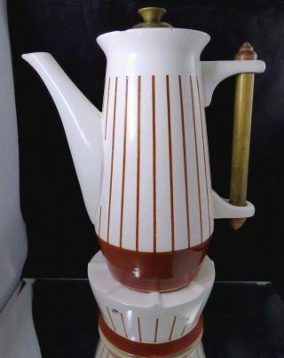 Vintage Mid Century Ceramic Coffee Tea Pot With Warmer White Brown Striped Retro