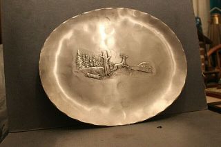 Wendell August Aluminum Metal Oval Dish Buck Deer Running 14 By 12 Inch Trees