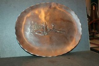 Wendell August Aluminum Metal Oval Dish Buck Deer Running 14 by 12 inch trees 2