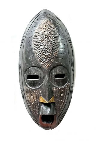Hand Carved Ghana Africa Wood W Tin Tribal Mask Primitive Wall Art 3