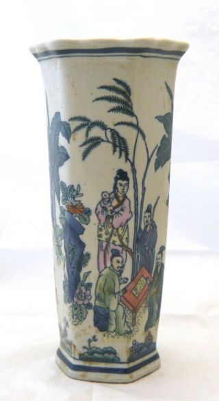 Vintage Chinese Hexagon Porcelain Vase W Hand Painted Noble Family Garden Scene
