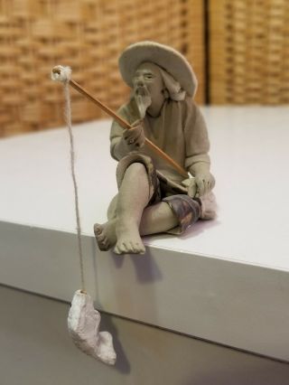 Vintage Chinese Shiwan Clay Fisherman Figurine With Fishing Pole And Fish