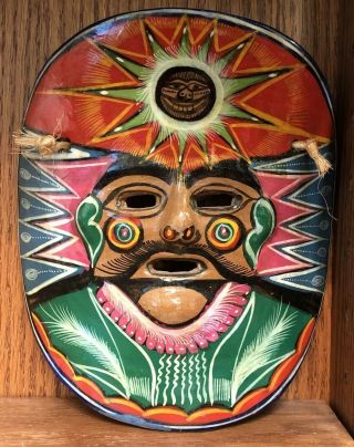 Vintage Mexican Mayan Aztec Mask Clay Pottery Hand Painted Folk Art Wall Hanging