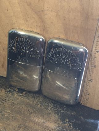 Vintage Peacock Pocket Catalyst Metal Hand Warmers.  Made In Japan￼