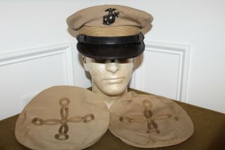 Scarce Ww2 U.  S.  Marine Corps Officers Khaki Visor Cap Set W/ega,  Named