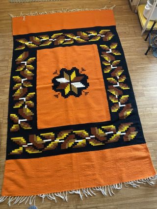 Hand Woven Southwest Navajo Style Wool Vintage Fringed Mexican Rug,  51”x 82”