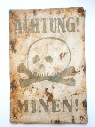 Ww2 German Sign Attention Mines Wwii Skull & Bones Germany Achtung Minen Iron