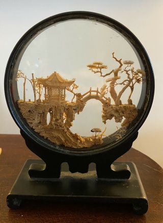 Vintage Chinese Carved Cork Art Pagoda Diorama In Circle Wood Shadow Box 6.  5”