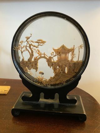 Vintage Chinese Carved Cork Art Pagoda Diorama in Circle Wood Shadow Box 6.  5” 2