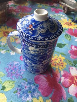 Blue White Dragon Porcelain - Ceramic Tea Cup With Lid And Strainer Infuser