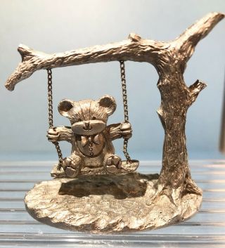 Vintage - - Spoontiques - - Pewter Teddy Bear On A Swing - - 1985 - - 2.  5 " Figurine
