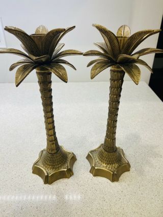 Vintage Brass Palm Tree Candle Sticks Holder Tropical Hawaiian 12 " Decor Regency