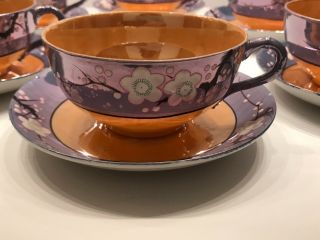 Set Of 6 Teacups/Saucers Peach & Blue Lusterware With Flowers/Branches Japan 2