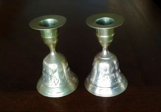 Set Of 2 Vintage Made In India Etched Brass Bell Candle Holders