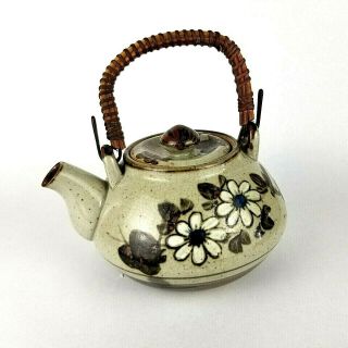 Otagiri Teapot Speckled Stoneware Flowers Wood Handle Blue