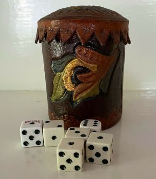 Vintage Hand - Tooled And Painted Leather Dice Shaker/circa 1940s